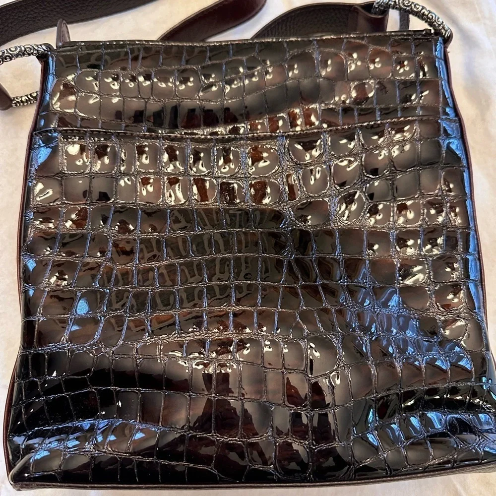 Brighton SONNY Dark Brown Croc-Embossed Patent Organizer Bag W/Dust Bag - NWOT